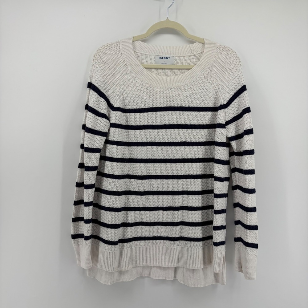Old Navy Womens Large White Navy Striped Pullover Textured Knit Sweater